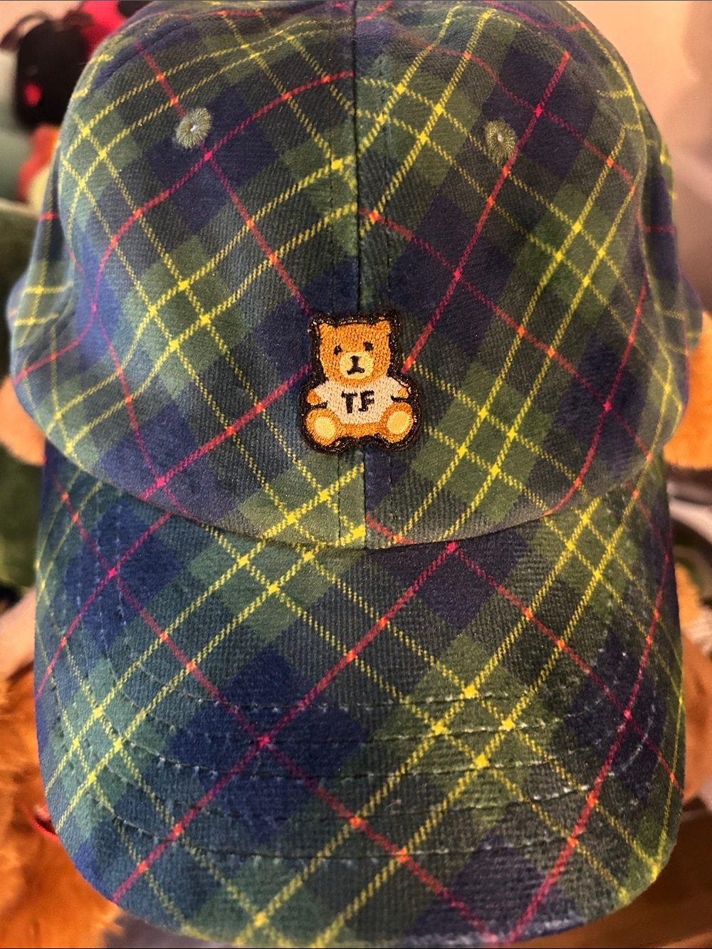 Teddy Fresh Plaid Cap in Green, Navy & Yellow with Bear Patch